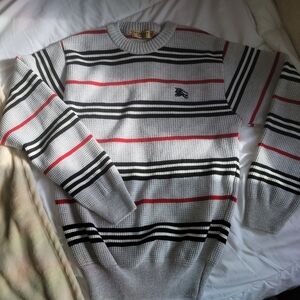 Burberry Gray and Red Striped Crewneck Sweater